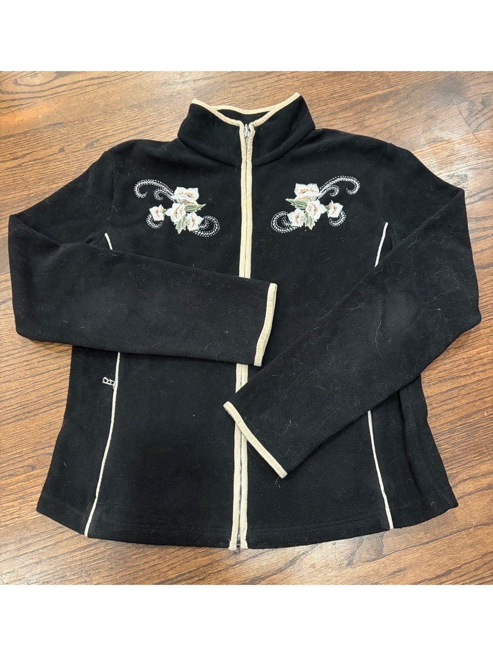 Bogner Black Fleece Jacket with Floral Embroidery and Beige Trim, Size US 12